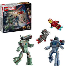 LEGO Marvel Set mit Iron Man, War Machine, zwei Mechs und Box mit 204 Teilen, geeignet ab 7 Jahren.