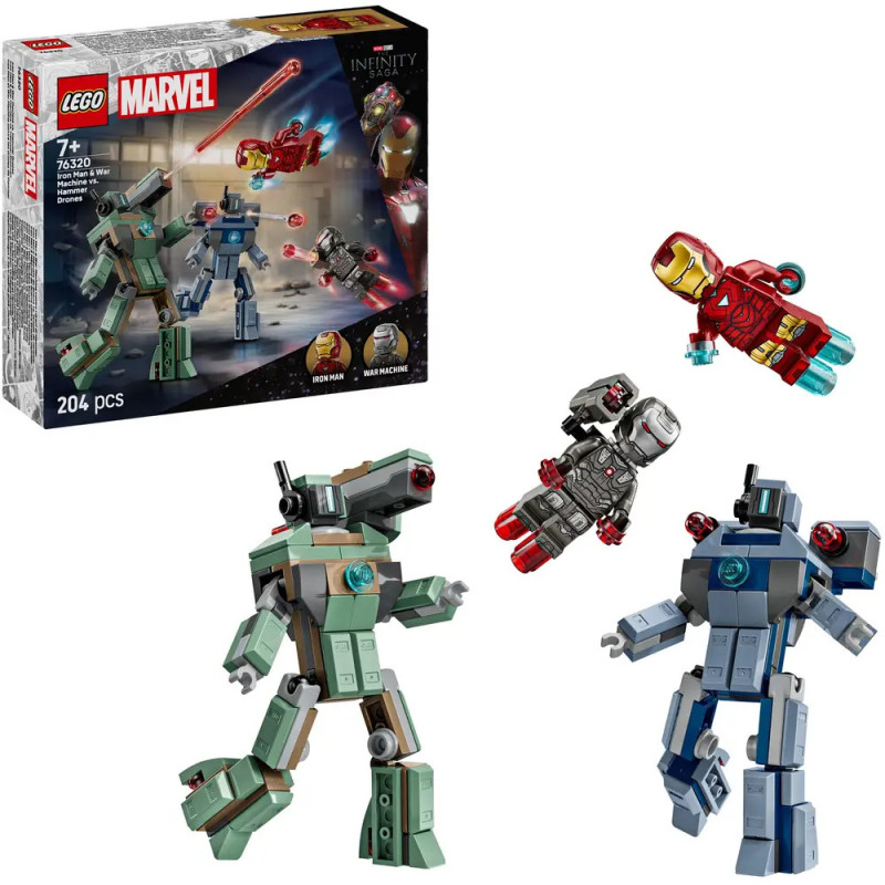 LEGO Marvel Set mit Iron Man, War Machine, zwei Mechs und Box mit 204 Teilen, geeignet ab 7 Jahren.