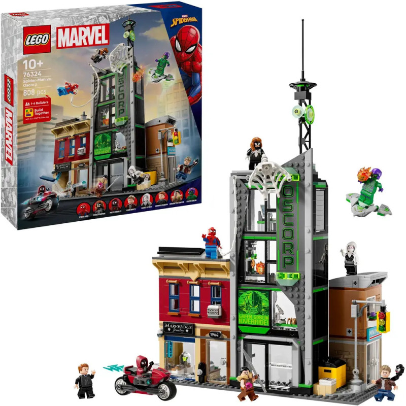 LEGO Marvel Spider-Man Oscorp Tower Set mit Minifiguren, Box und aufgebautem Gebäude aufgestellt.