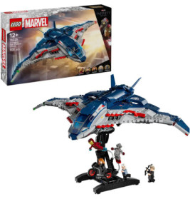 LEGO Marvel The Avengers Raumschiff-Set mit Box, gebautem Raumschiff und vier Minifiguren auf einem Ständer.
