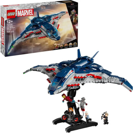 LEGO Marvel The Avengers Raumschiff-Set mit Box, gebautem Raumschiff und vier Minifiguren auf einem Ständer.