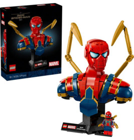 LEGO Iron Spider-Man Büste mit goldenen Armen, Display-Ständer und kleiner Spider-Man Figur Box links sichtbar.