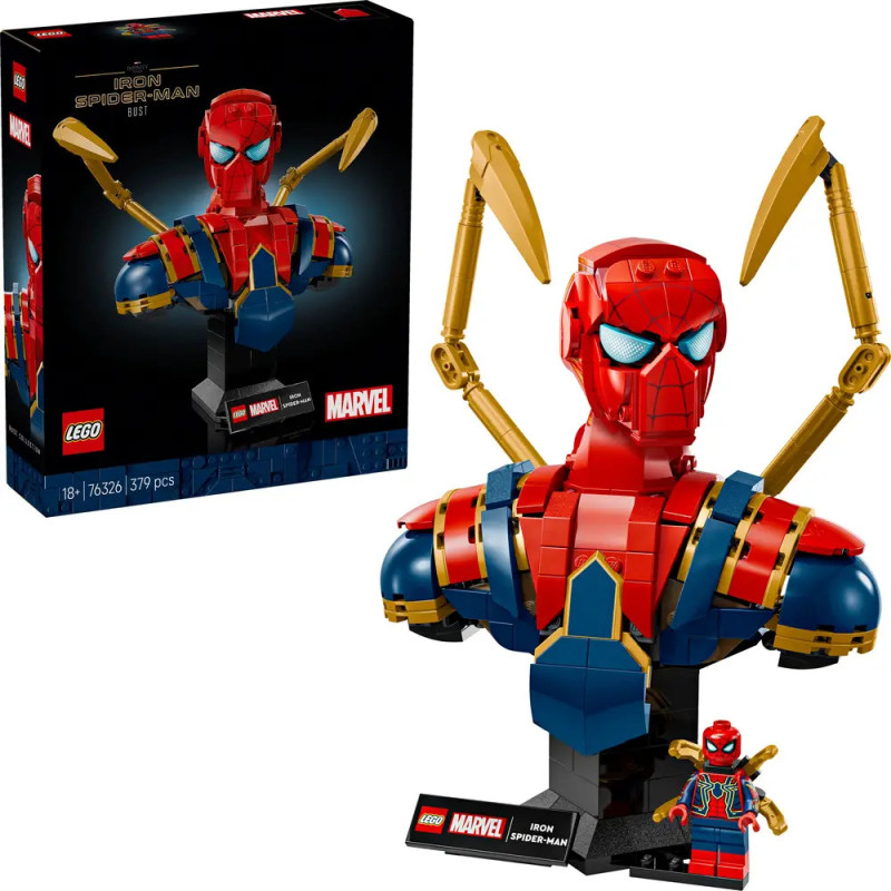 LEGO Iron Spider-Man Büste mit goldenen Armen, Display-Ständer und kleiner Spider-Man Figur Box links sichtbar.