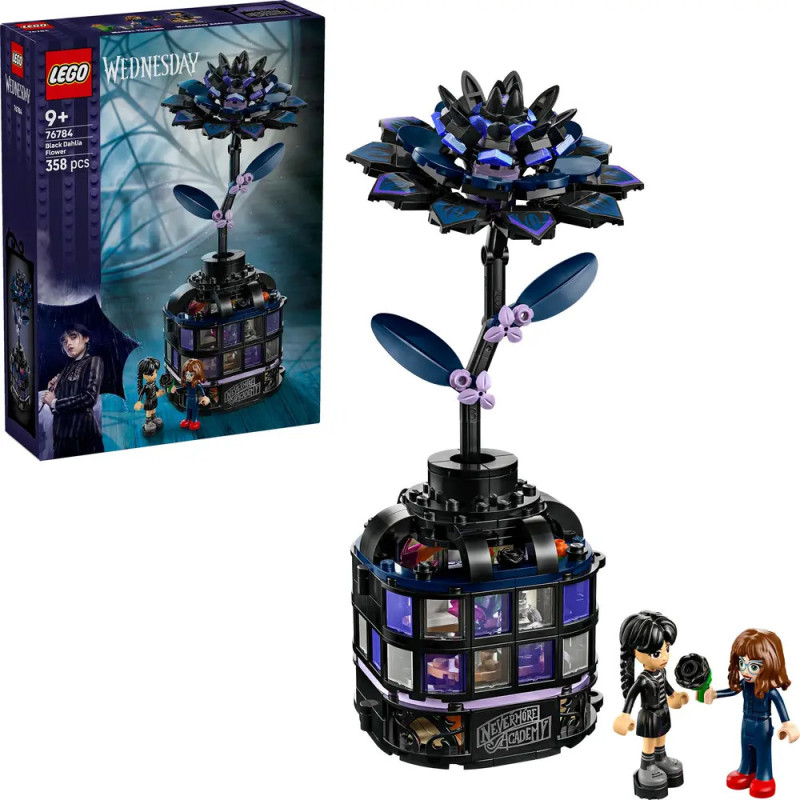 LEGO-Set: Große schwarz-lila Blume und zwei Minifiguren, inspiriert von der Serie Wednesday.