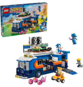 LEGO Sonic the Hedgehog Set mit blauem Party-Van, Minifiguren und Verpackung im Hintergrund.