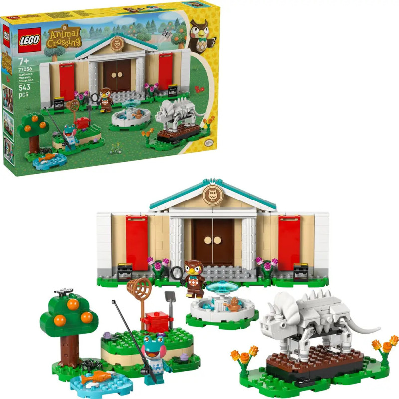 LEGO Animal Crossing Set mit Museum, Eule, Baum, Teich, Fossil und Figuren.