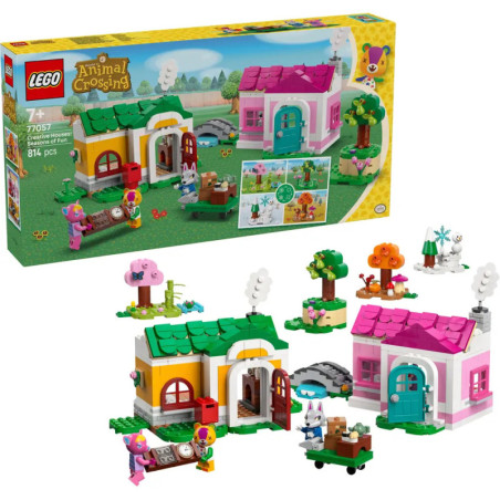 LEGO Animal Crossing Set mit zwei bunten Häusern, Bäumen, Tierfiguren und Verpackung im Hintergrund.