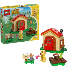 LEGO Animal Crossing Set mit kleinem Haus, Picknicktisch und Hund mit rosa Tasse.
