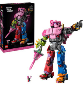 LEGO Fortnite Mecha Team Leader Roboter mit bunten Gliedmaßen, pinkem Torso und passender Box im Hintergrund.