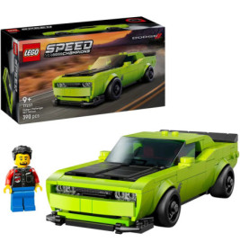 LEGO Speed Champions Dodge Set 76923 mit grünem Auto, Minifigur und Box, enthält 390 Teile.