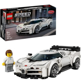 LEGO Speed Champions Bugatti Set mit weißem Auto, Minifigur und Verpackung mit Fahrzeugabbildung.