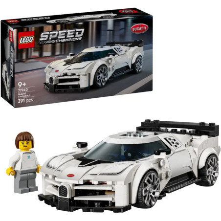 LEGO Speed Champions Bugatti Set mit weißem Auto, Minifigur und Verpackung mit Fahrzeugabbildung.