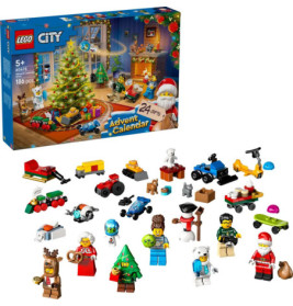 LEGO City Adventskalender-Box mit festlicher Szene und kleinen LEGO-Figuren sowie -Fahrzeugen zum Thema Weihnachten.