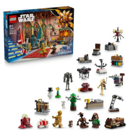 LEGO Star Wars Adventskalender mit Minifiguren und kleinen Bausätzen vor der Verpackung ausgestellt.