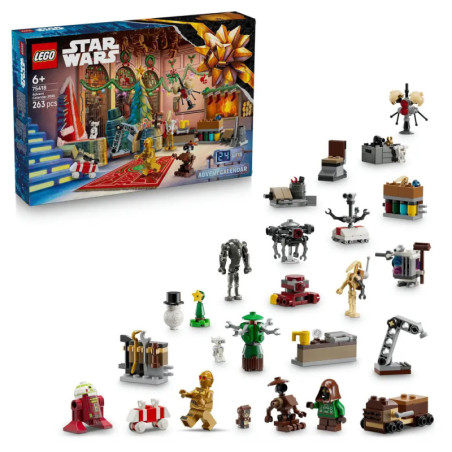 LEGO Star Wars Adventskalender mit Minifiguren und kleinen Bausätzen vor der Verpackung ausgestellt.
