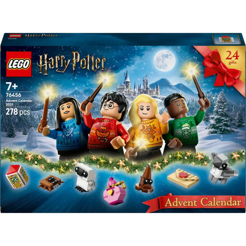 LEGO Harry Potter Adventskalender mit vier Figuren in Pullovern, Hogwarts im Hintergrund und dargestellten Geschenken.