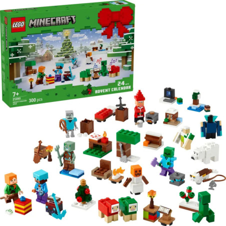 LEGO Minecraft Adventskalender mit 24 kleinen LEGO-Bausteinen und Figuren, die vor der Box präsentiert werden.
