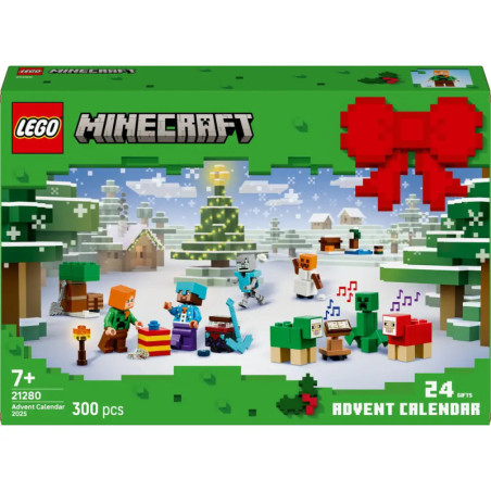 LEGO Minecraft Adventskalender-Box mit festlichen Minecraft-Figuren und winterlicher Szenerie auf der Vorderseite.