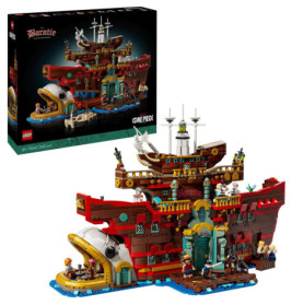 LEGO One Piece Baratie Schiff mit Minifiguren, aufgebaut und auf der Produktverpackung abgebildet.