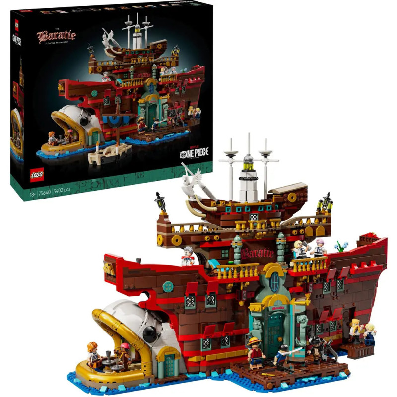 LEGO One Piece Baratie Schiff mit Minifiguren, aufgebaut und auf der Produktverpackung abgebildet. LEGO One Piece Baratie Schiff mit Minifiguren, aufgebaut und auf der Produktverpackung abgebildet.