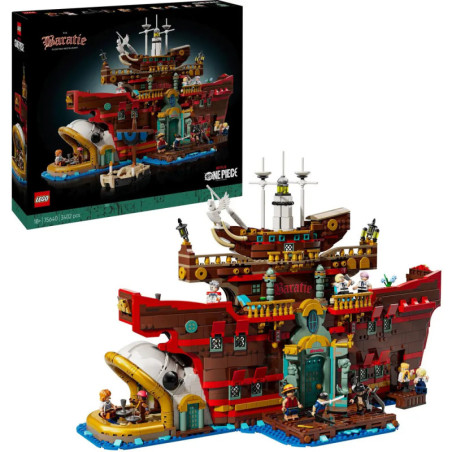 LEGO One Piece Baratie Schiff mit Minifiguren, aufgebaut und auf der Produktverpackung abgebildet.