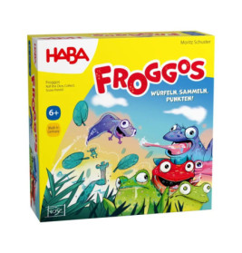 Bunte Froggos-Spieleschachtel von HABA mit Comicfröschen und Insekten, geeignet ab 6 Jahren.
