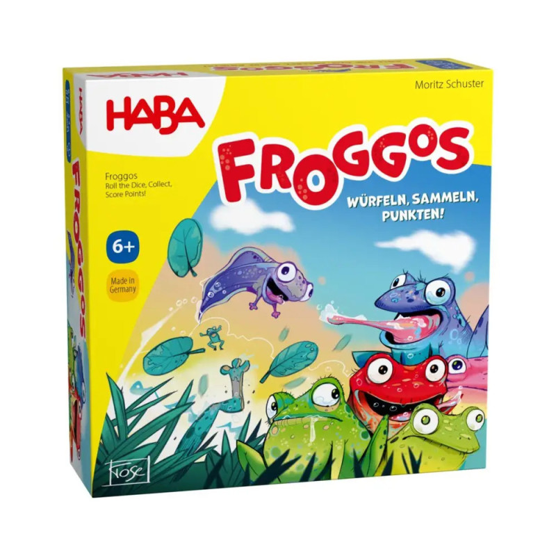 Bunte Froggos-Spieleschachtel von HABA mit Comicfröschen und Insekten, geeignet ab 6 Jahren.