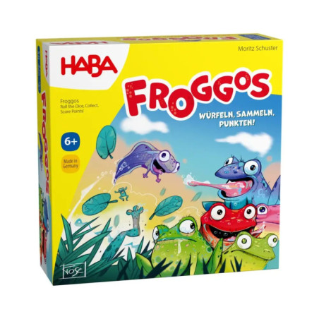 Bunte Froggos-Spieleschachtel von HABA mit Comicfröschen und Insekten, geeignet ab 6 Jahren.