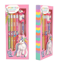 Buntstiftset in pinker Einhornbox mit Einhorn-Radiergummi, Katzendesign und Regenbogenmotiven.