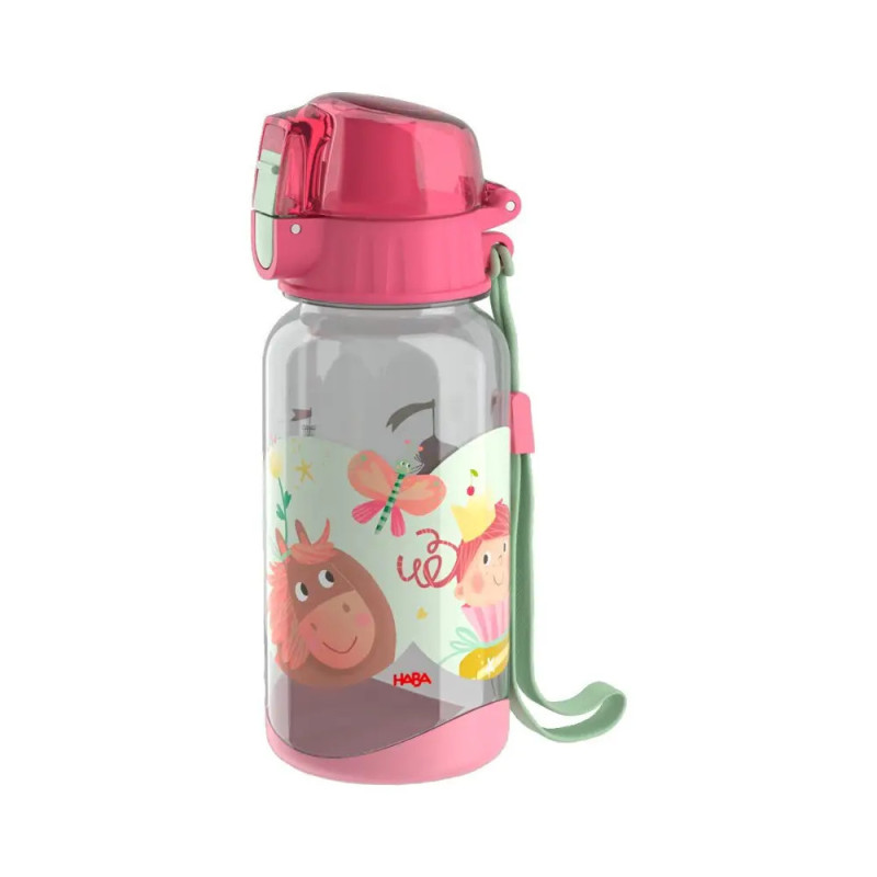 Durchsichtige Trinkflasche mit rosa Deckel, Tier- und Schmetterlingsmotiven sowie grünem Trageband.