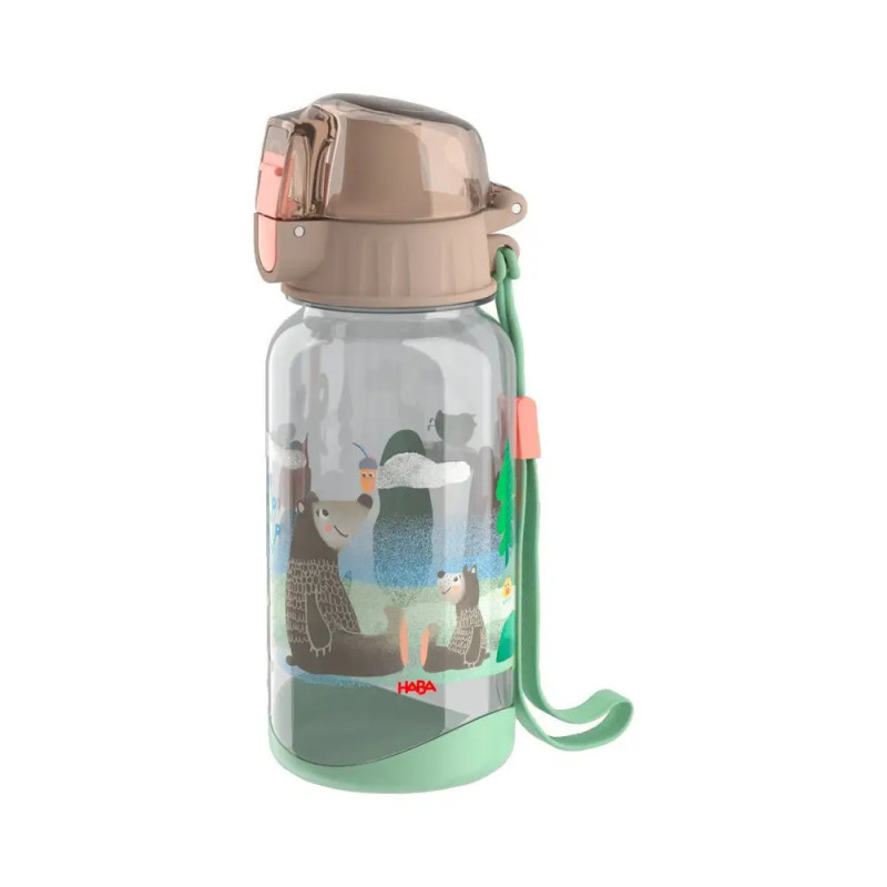 Durchsichtige Trinkflasche mit Tiermotiven, grünem Band und braunem Klappdeckel mit pinkem Knopf.