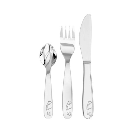 Kinderbesteck-Set mit Löffel, Gabel und Messer, jeweils mit kleinem Dinosaurier auf den Griffen graviert.