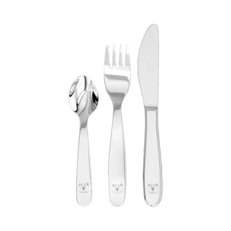 Löffel, Gabel und Messer mit einem Bärengesicht auf den Griffen, präsentiert vor weißem Hintergrund.