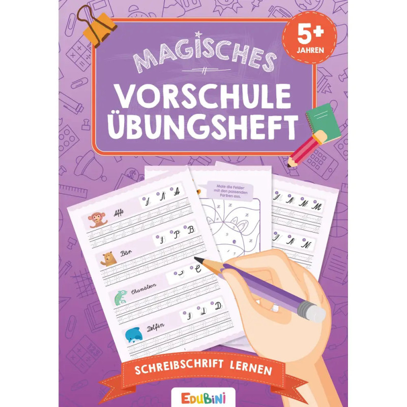 Buntes Cover mit Titel Magisches Vorschule Übungsheft, dazu Schreibübungen und Cartoons.