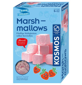 Blaue Kosmos-Box zur Herstellung rosa Marshmallows mit Erdbeeren, geeignet für Kinder von 8-12 Jahren.