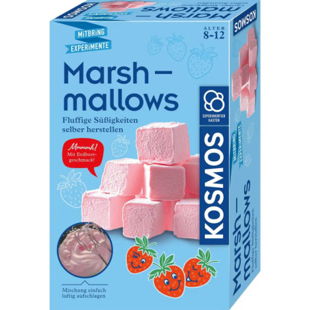 Blaue Kosmos-Box zur Herstellung rosa Marshmallows mit Erdbeeren, geeignet für Kinder von 8-12 Jahren.