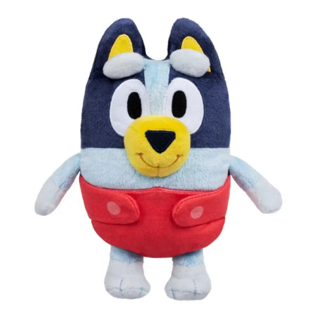 Plüschfigur Bluey, blauer Hund mit roter Weste und Lächeln, vor weißem Hintergrund.