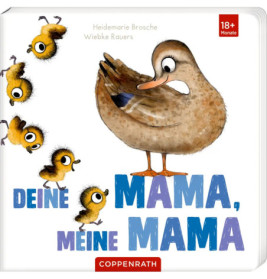 Illustration einer Entenmutter mit fünf Küken und dem deutschen Titel Deine Mama, meine Mama.
