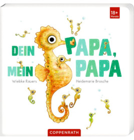 Mehrere gezeichnete Seepferdchen umgeben ein großes Seepferd auf dem Cover von Dein Papa, Mein Papa.