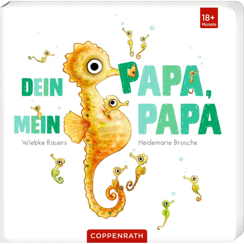 Mehrere gezeichnete Seepferdchen umgeben ein großes Seepferd auf dem Cover von Dein Papa, Mein Papa.