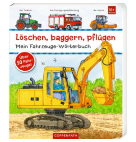 Kinderbuchcover mit gelbem Bagger und Fahrer, oben weitere Fahrzeuge abgebildet.