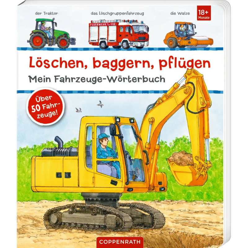 Kinderbuchcover mit gelbem Bagger und Fahrer, oben weitere Fahrzeuge abgebildet.