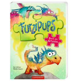 Buntes Kinderbuchcover mit Drachenzeichnungen und dem Titel Furzipups: Buch mit 4 Puzzles.