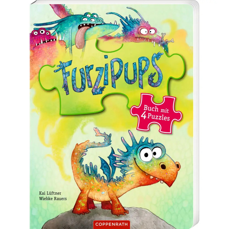 Buntes Kinderbuchcover mit Drachenzeichnungen und dem Titel Furzipups: Buch mit 4 Puzzles.