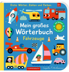Buntes deutsches Kinderbuchcover mit verschiedenen Fahrzeugen: Auto, Flugzeug, Boot und Hubschrauber.