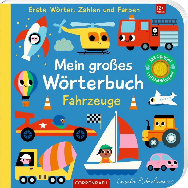 Buntes deutsches Kinderbuchcover mit verschiedenen Fahrzeugen: Auto, Flugzeug, Boot und Hubschrauber.