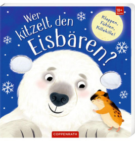 Illustration: Ein lächelnder Eisbär, den ein Hamster berührt, vor einem Hintergrund mit Schneeflocken.