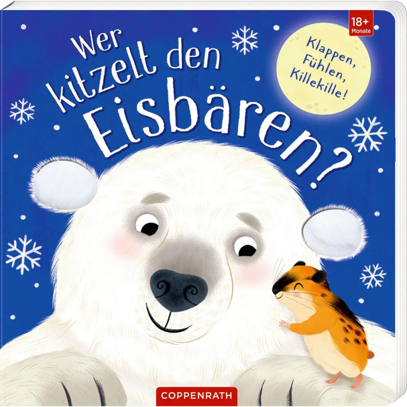 Illustration: Ein lächelnder Eisbär, den ein Hamster berührt, vor einem Hintergrund mit Schneeflocken.