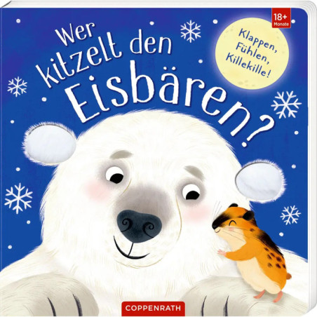 Illustration: Ein lächelnder Eisbär, den ein Hamster berührt, vor einem Hintergrund mit Schneeflocken.