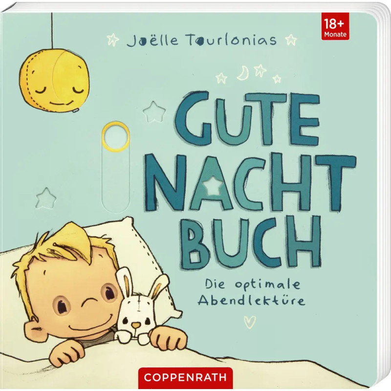 Kind mit Kuschelhase im Bett, Mond und Sterne, dazu der deutsche Schriftzug Gute Nacht Buch.